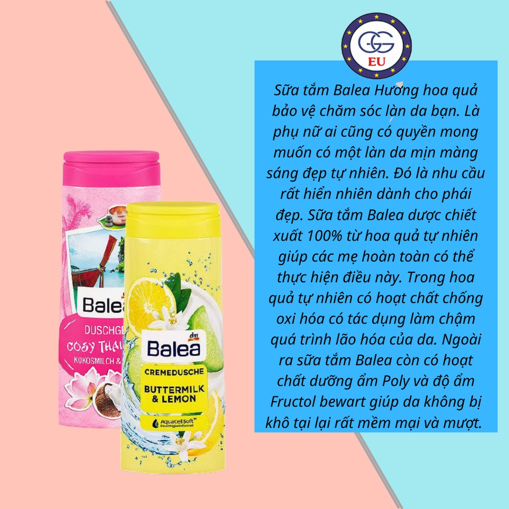 Sữa tắm BALEA cấp ẩm, làm sáng mịn da, chiết xuất thiên nhiên hương thơm lâu ,hàng nội địa Đức, GGEU