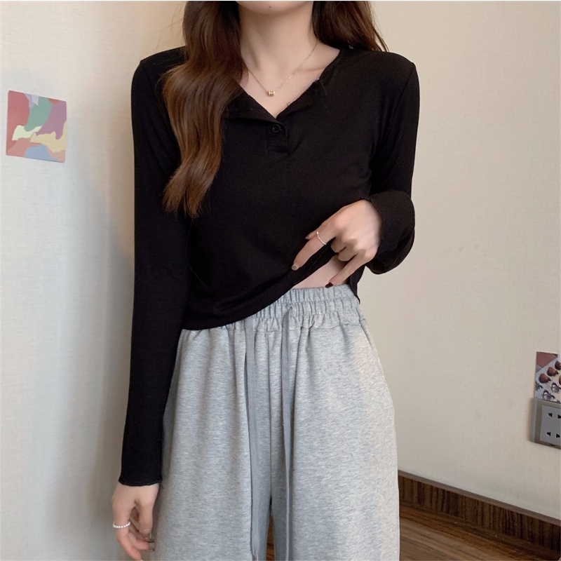 【ZHELIHANGFEI】Áo Thun Tay Dài Màu Sắc Đơn Giản Cho Nữ