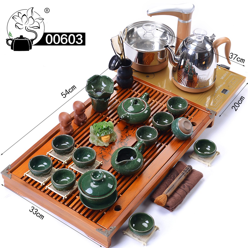 Bàn trà điện thông minh- khay gỗ, ấm chén gốm sứ ,ấm chén tử sa 00601-18001