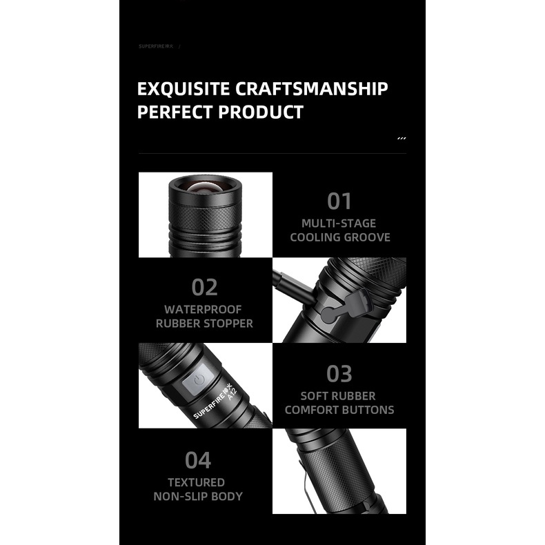 Đèn pin siêu sáng SUPERFIRE A12 có thể sạc lại bằng hợp kim nhôm chuyên dụng