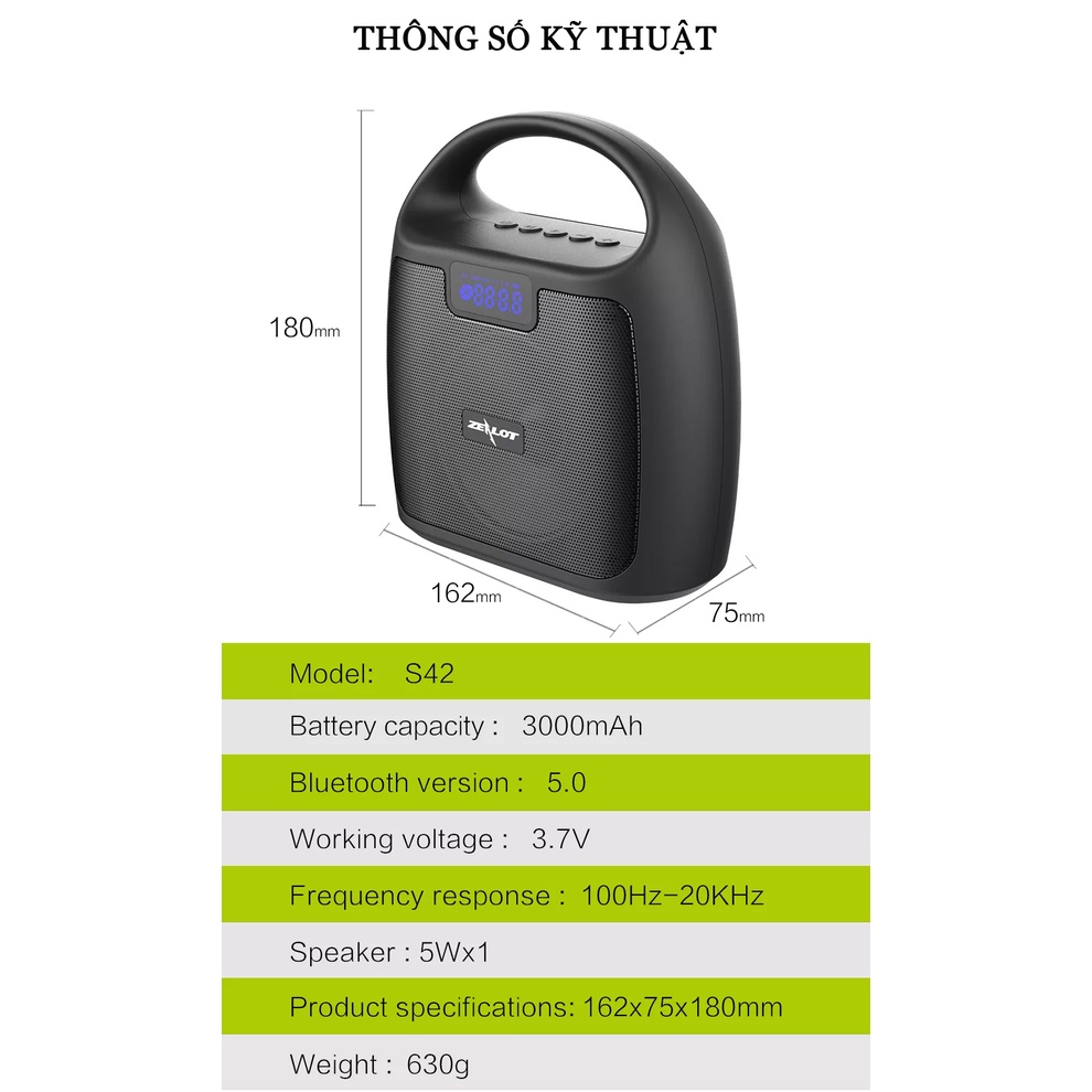 Loa bluetooth Zealot S42 hỗ trợ đài FM Radio, thẻ nhớ, USB - hàng chính hãng - BH 12 tháng