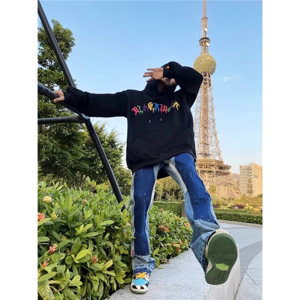 Quần bò jeans ống rộng vảy sơn phối màu đậm nhạt tua rua hiphop Ulzzang siêu chất ❤️