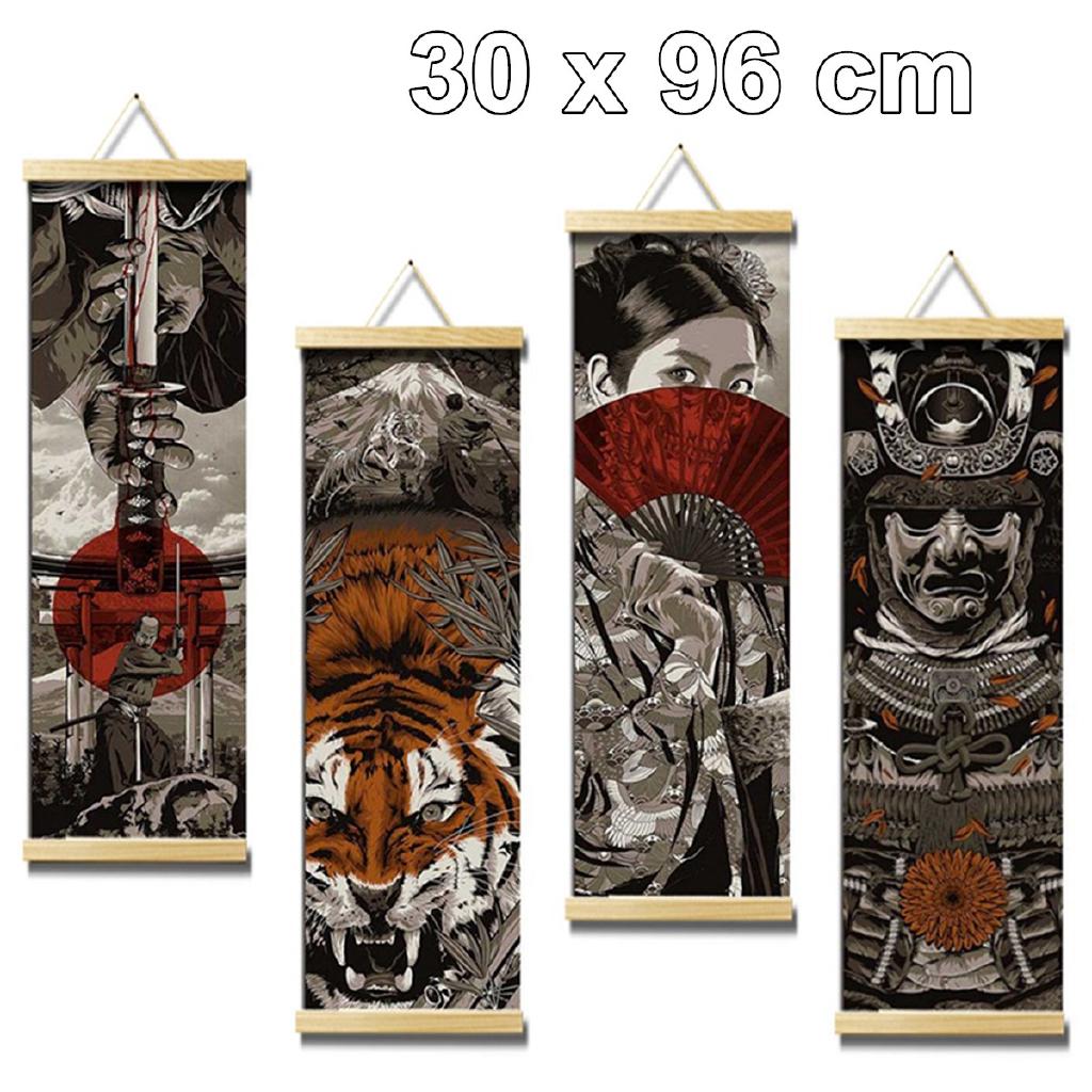 Tranh vải canvas trang trí nhà cửa phong cách Nhật Bản có khung gỗ kích thước 30x96cm