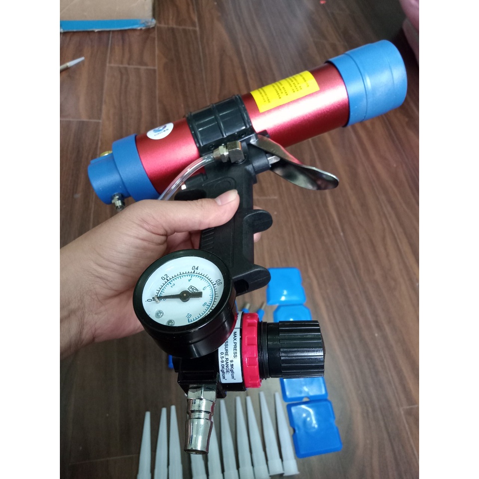 Súng bắn keo silicone bằng hơi, khí bắn keo dạng tuýp và apollo 300ml tặng compo bộ vòi đi keo, bộ vuốt, tai nối