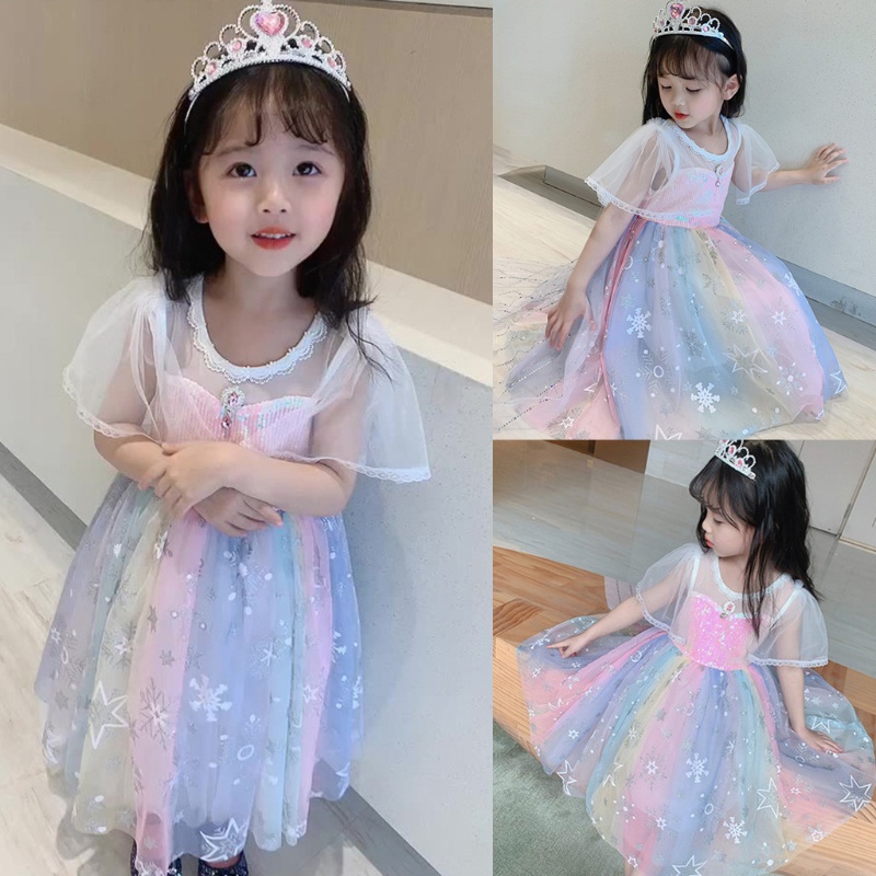 Đầm Công Chúa Tay Ngắn Đính Kim Sa Lấp Lánh Màu Cầu Vồng Xinh Xắn Cho Bé Gái