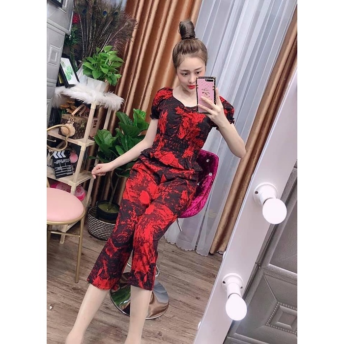 Đồ bộ mặc nhà chất lụa 100D hoa văn sang phối cổ tim,bo eo trẻ trung ,tôn dáng sang trọng SBD_097