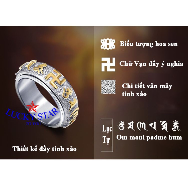 NHẪN OM MANI PADME HUM xoay khắc chữ VẠN - SÁNG BÓNG VĨNH VIỄN KHÔNG ĐEN