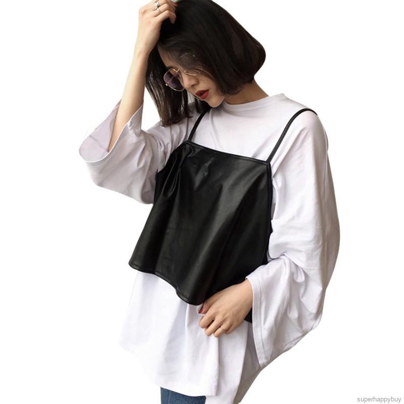 Set 2 món gồm áo kiểu tay ống rộng màu trắng + áo 2 dây màu đen bằng da pu cho nữ