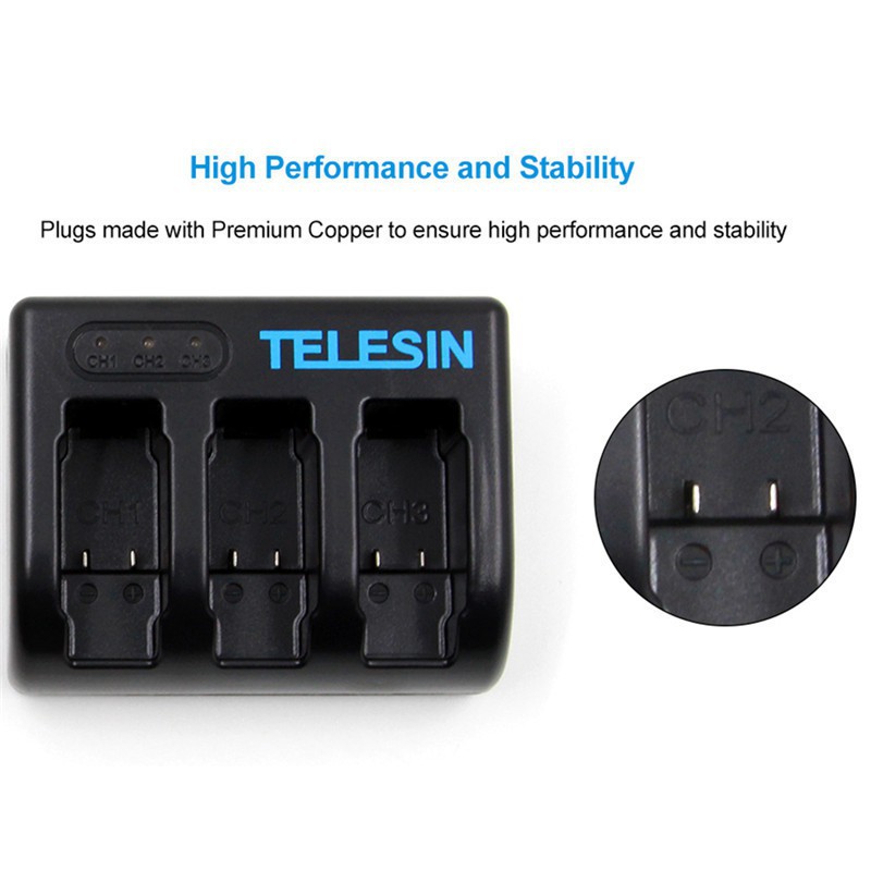 Telesin 3 Channel USB Battery Charger with USB Cable for GoPro Hero5