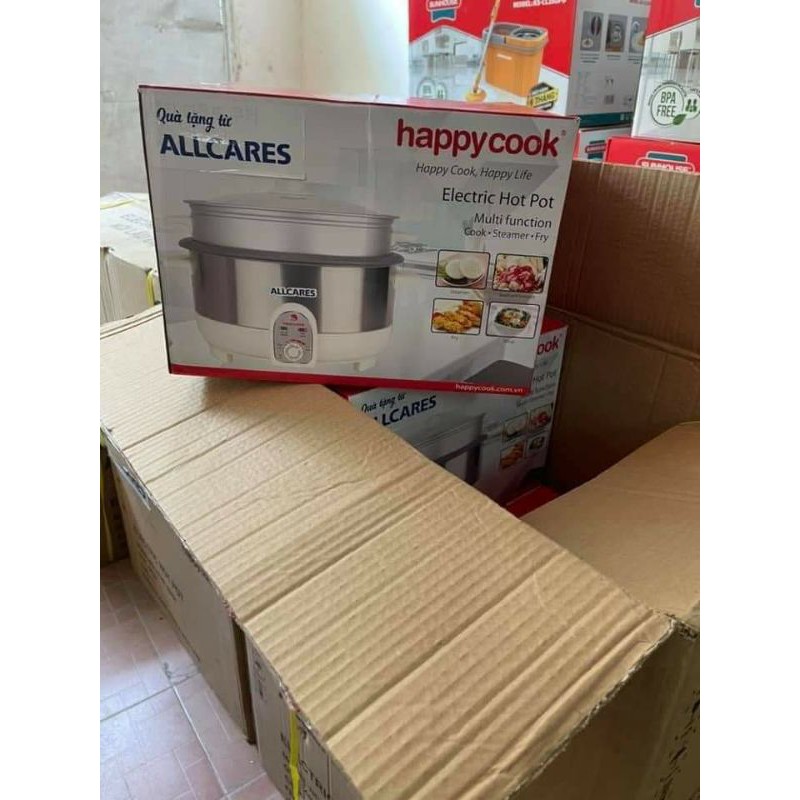 Lẩu điện đa năng nắp kính có xửng hấp Happy Cook 3.5L (Bạc)