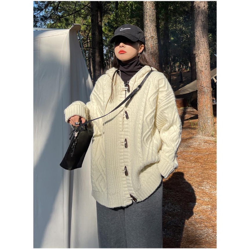 [Spot] Áo Khoác cardigan Dệt Kim Dày Dáng Rộng Cài Nút Sừng Thời Trang Thu Đông Phong Cách Hàn Quốc Cổ Điển