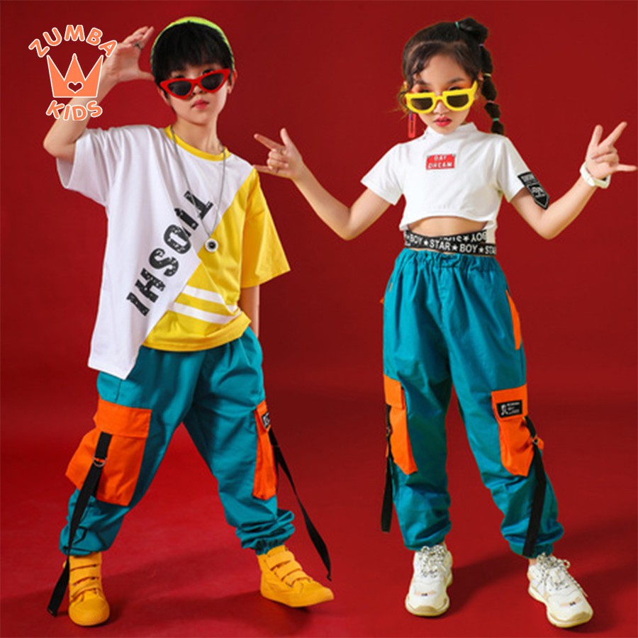Trang phục nhảy hiện đại trẻ em-Set Fashion Weax xanh cam ZB25