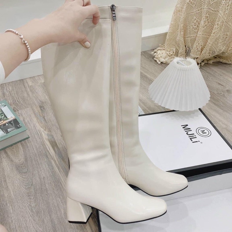 Bốt đùi da lỳ gót 5CM siêu êm chân  , chất da siêu mềm 2 màu đen, kem !