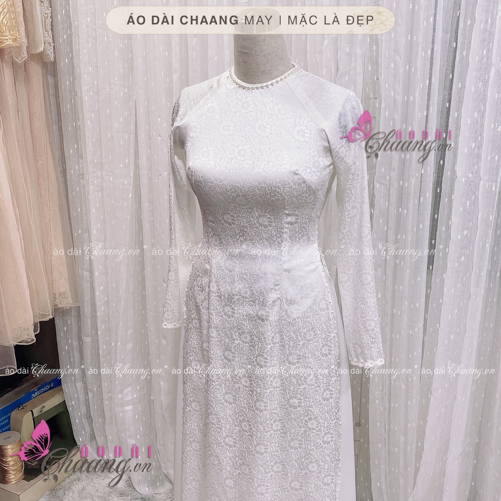 Áo dài cưới đẹp may sẵn áo dài cô dâu 4 tà cổ tròn gấm tơ hoa hồng cao cấp
