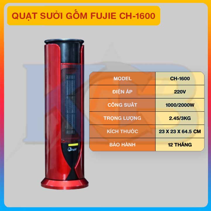 Quạt sưởi gốm Ceramic đặt sàn nhập khẩu CN Nhật Bản FUJIE CH-1600,không đốt oxi ,không phát sáng- BH 1 năm