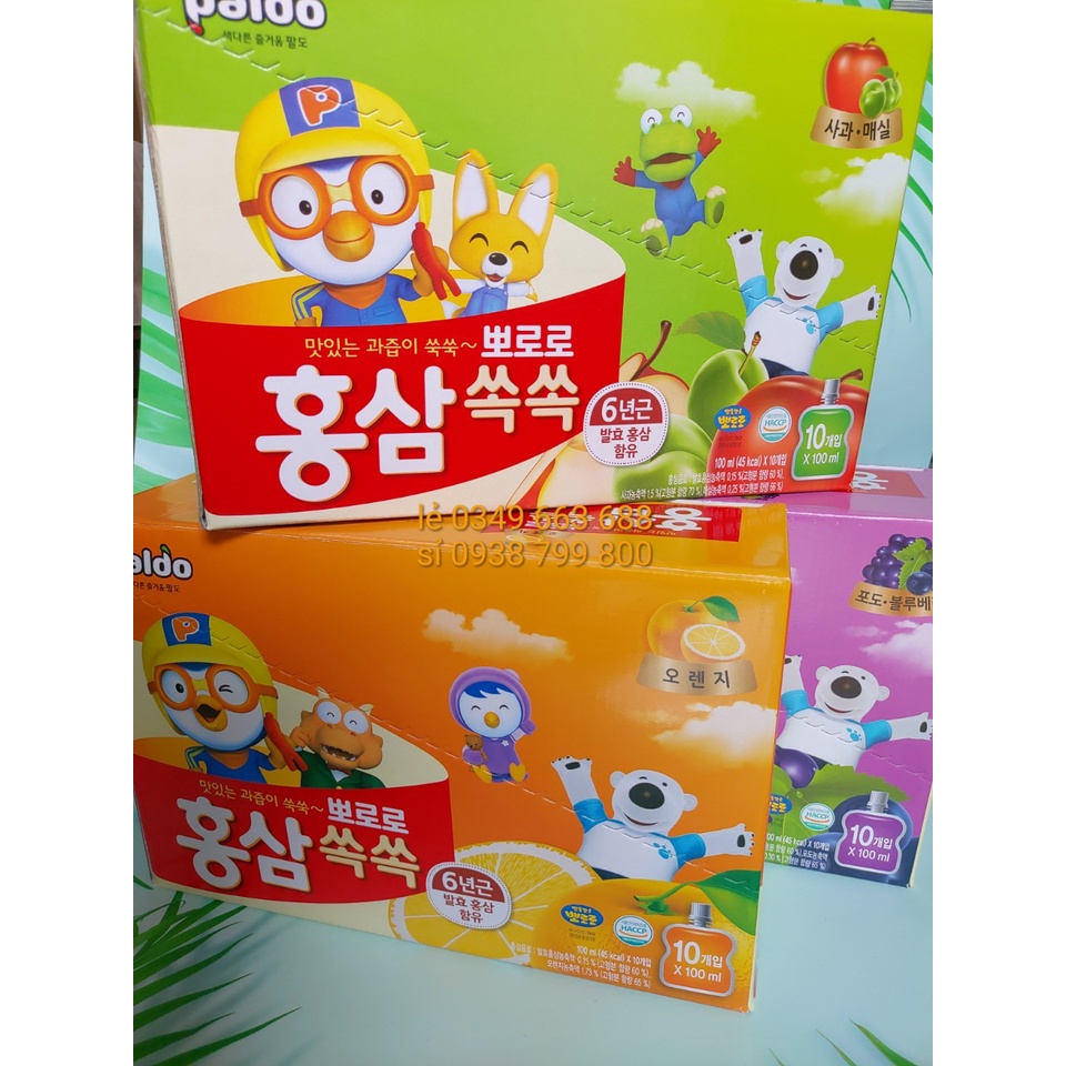 [Hộp 10 gói] Nước hồng sâm trái cây Paldo Pororo Hàn Quốc