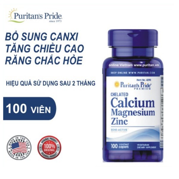 Viên uống Canxi tổng hợp giúp tăng chiều cao - Chelated calcium magnesium zinc 100v của Puritan's Pride | Thế Giới Skin Care
