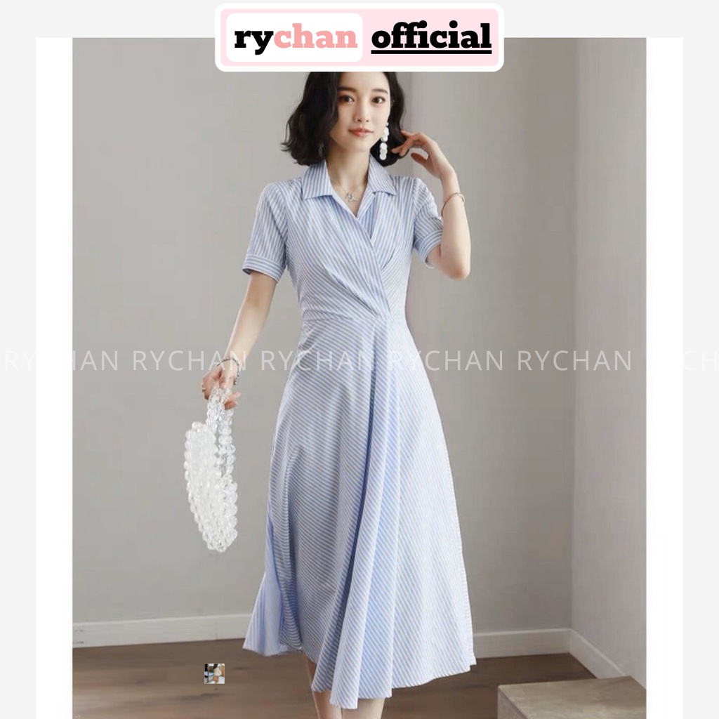 Đầm Xòe Công Sở Đắp Chéo Sọc Xanh Cổ Bẻ - DX657