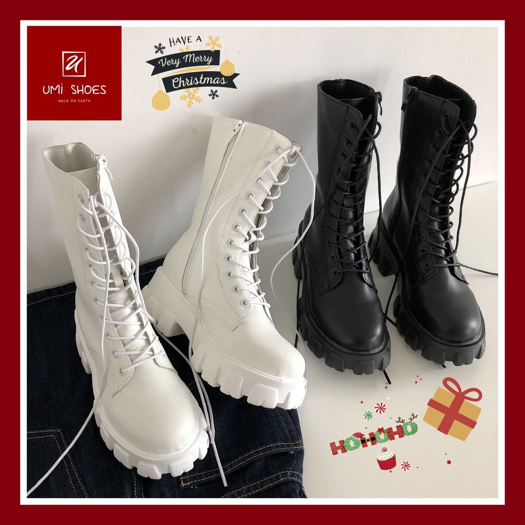 giày martin nữ [CÓ SẴN] Boot ulzzang cao cổ 20cm buộc dây kéo khóa đế cao 5.5cm màu đen/trắng cá tín