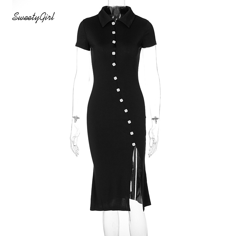 Đầm Midi Tay Ngắn Cổ Bẻ Màu Trơn Cài Nút Thời Trang Thanh Lịch Cho Nữ