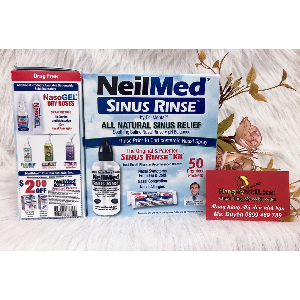 (có bill nhập)Bình rửa mũi Neilmed 240ml kèm 50 gói muối
