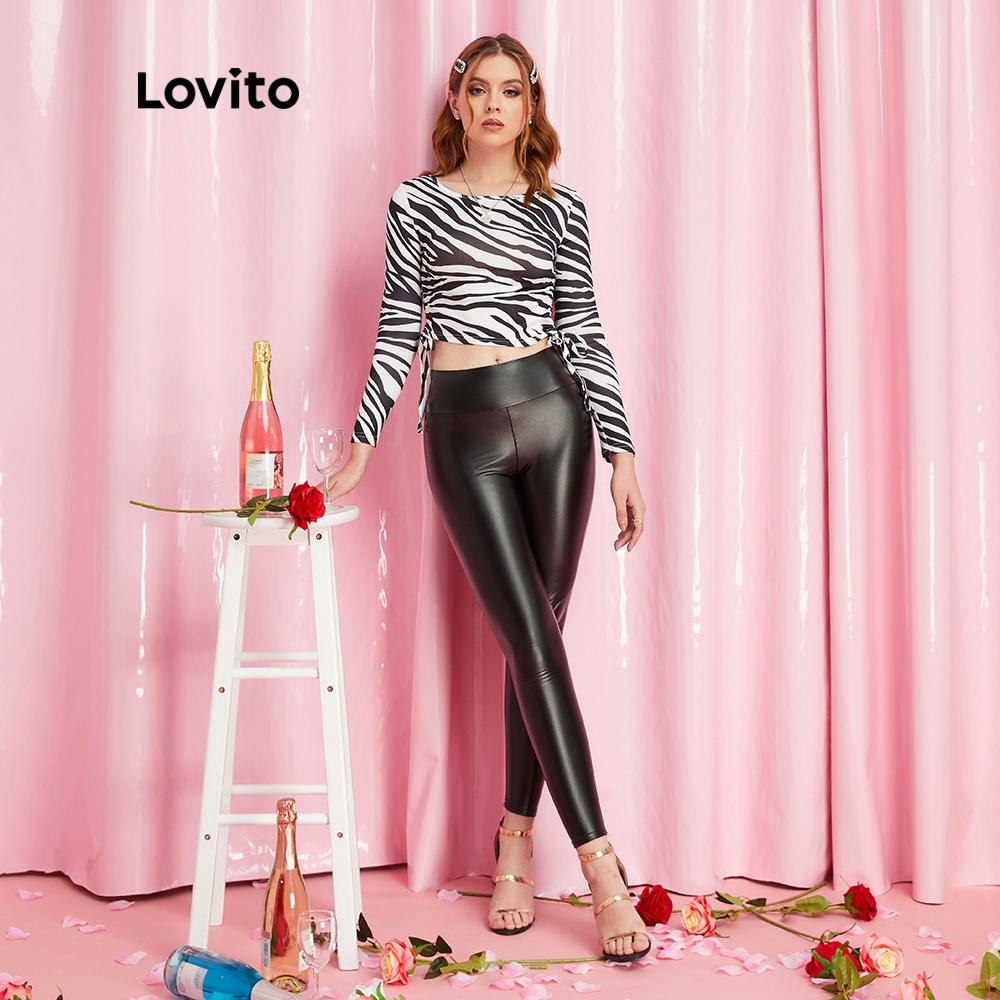 Quần legging Lovito da giả lưng cao màu trơnco giãn nhẹ thời trang cho nữ L10095 (Màu đen)