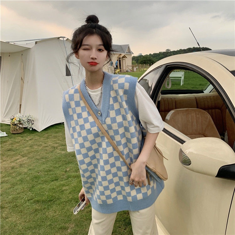 Áo sweater không tay cổ chữ v dáng rộng họa tiết caro phong cách Hàn Quốc cho nữ | BigBuy360 - bigbuy360.vn