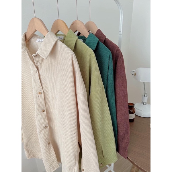 Áo sơ mi dài tay nhung tăm màu trơn xanh lá hot hit chất LOẠI 1 oversize 2monday