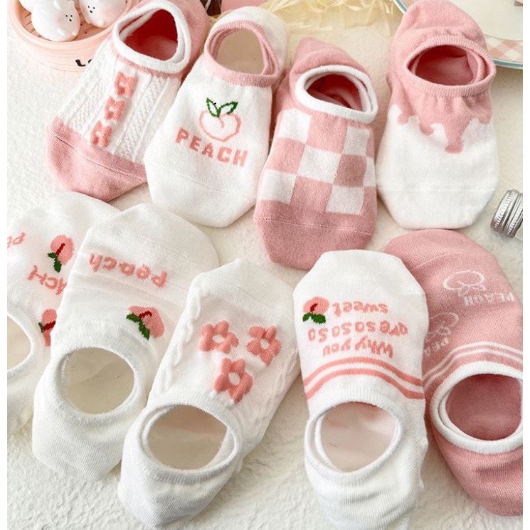 Tất lười nữ, Tất cổ ngắn nữ màu hồng đào xinh xắn, họa tiết cute dễ thương - T084 Mian Store