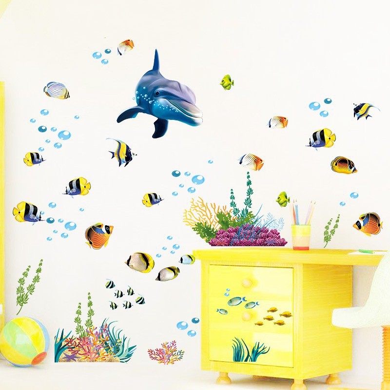 Sticker dán tường họa tiết 3D hình con cá heo và thế giới đại dương dùng trang trí nhà