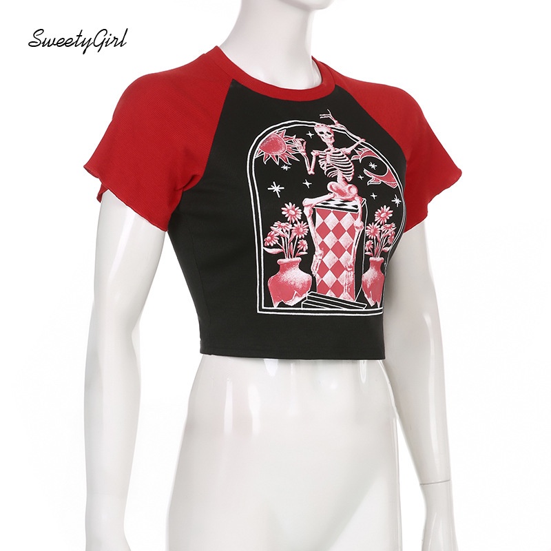 Áo Thun Dáng Ôm Tay Ngắn In Hình Đầu Lâu 2022 Thời Trang Cho Nữ