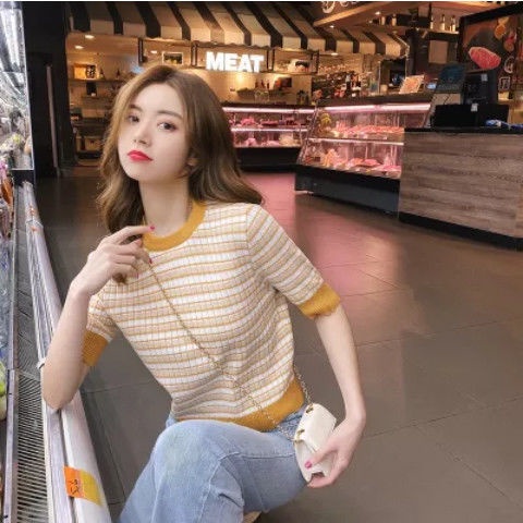 Áo Thun Dệt Kim Tay Ngắn Cổ Tròn Vải Lụa Lạnh Thoải Mái Cho Nữ