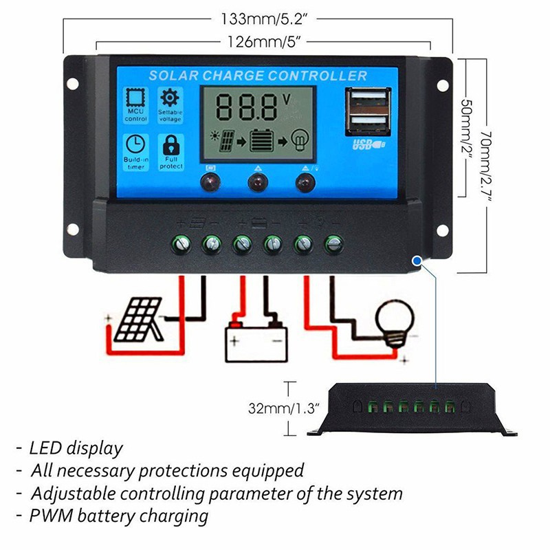 Thiết bị sạc pin từ năng lượng mặt trời đầu USB màn hình LCD 30A 12V24V