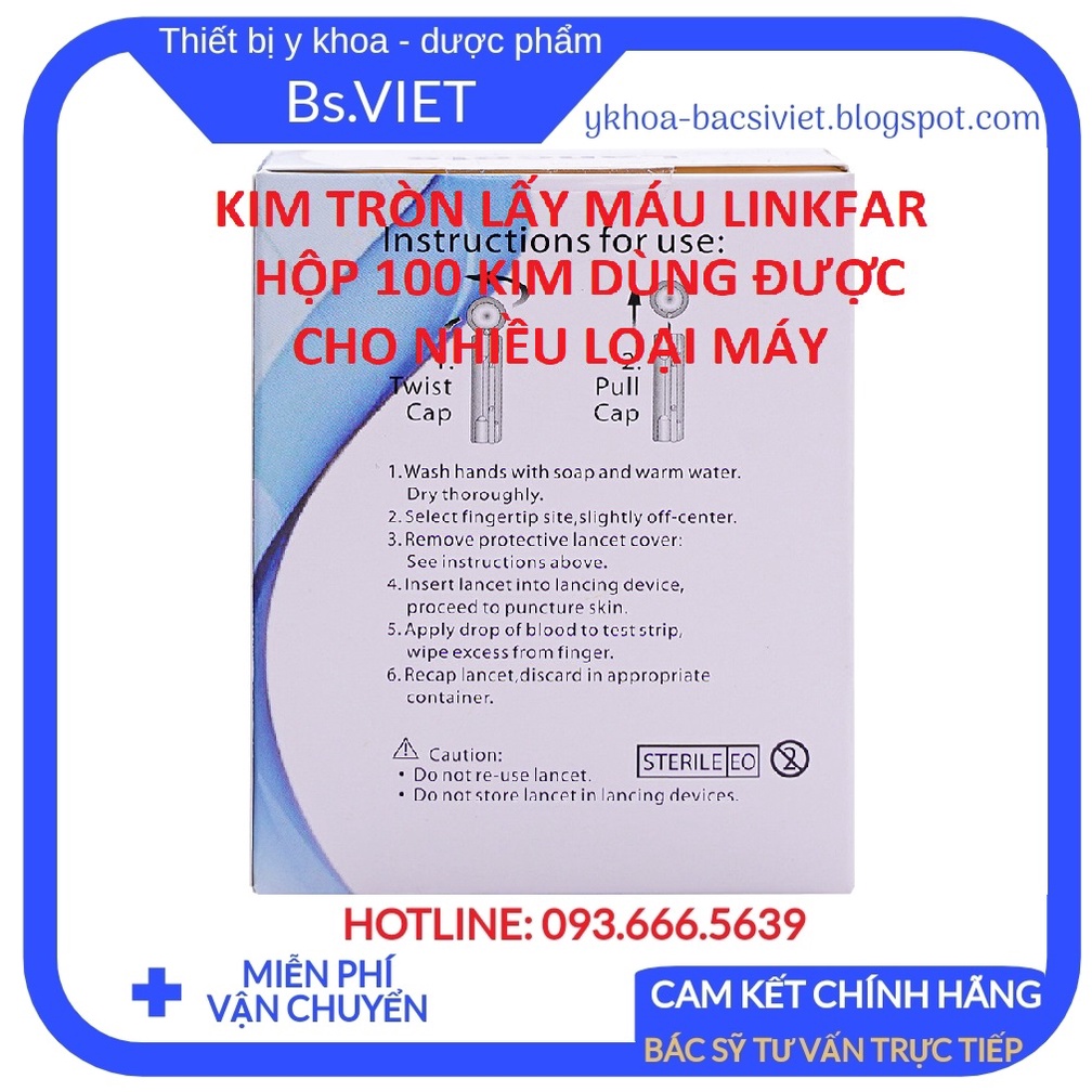 Hộp 100 KIM CHÍCH MÁU, KIM LẤY MÁU ĐẦU TRÒN LINKFAR CHO MÁY ĐO ĐƯỜNG HUYẾT TIỂU ĐƯỜNG, MỠ MÁU, KIM MẢNH CHÍCH KHÔNG ĐAU