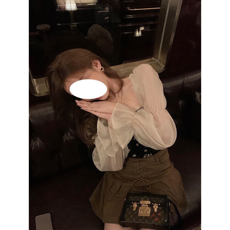 Váy babydoll Áo Sơ Mi Ngắn Cổ Vuông Tay Dài Phồng In Họa Tiết Tranh Sơn Dầu Phong Cách Pháp Cổ Điển Thời Trang Mùa Thu Mới 2022 Dành Cho