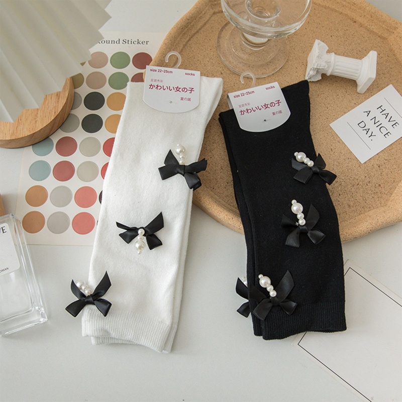 Vớ Cotton Cao Đến Đầu Gối Đính Nơ Và Ngọc Trai Ngọt Ngào Phong Cách Harajuku Cho Nữ Sinh