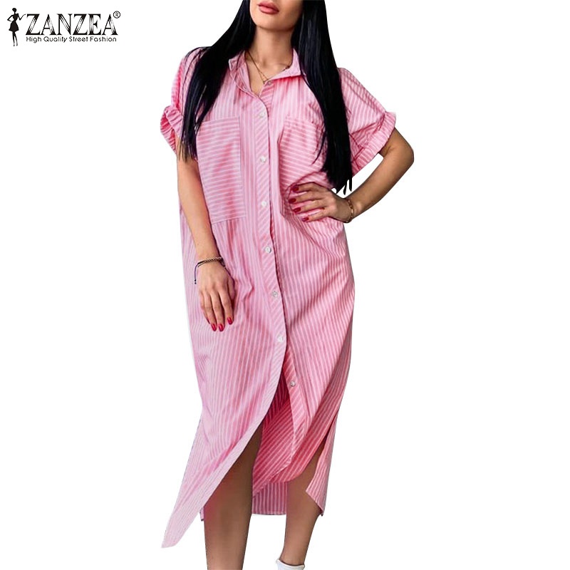 Đầm dài ZANZEA rộng tay ngắn cổ bẻ phối nút cài họa tiết sọc thiết kế xẻ tà thời trang cho nữ