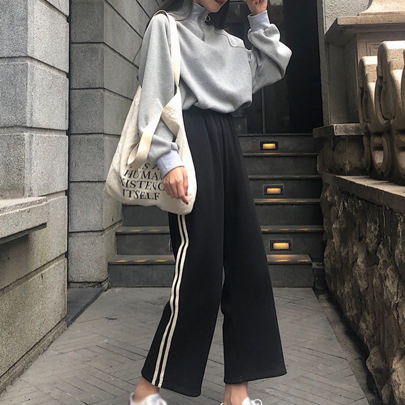 Quần ống rộng lưng cao màu trơn cho nữ