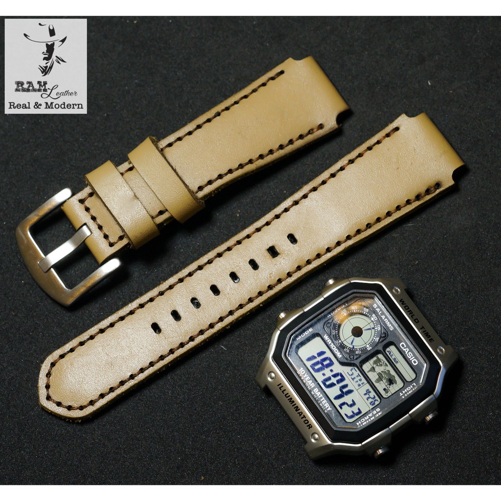 Dây Casio AE 1200 da bò trà sữa RAM Leather Milk tea - tặng khóa chốt và cây thay dây