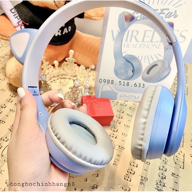Tai Nghe Mèo Bluetooth P47M, Tai Mèo Dễ Thương Có Mic, Âm Bass Mạnh Mẽ Nghe Nhạc Cực Hay Bảo Hành 12 Tháng