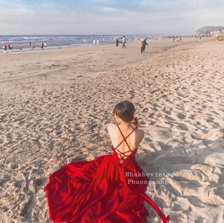 Váy maxi đỏ đi biển Đan lưng QC L1