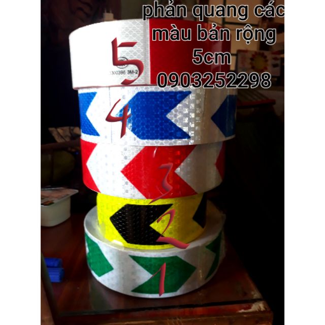 5 met decal phản quang các màu bản rộng 5cm, decan cảnh báo xe tải, máy công trình
