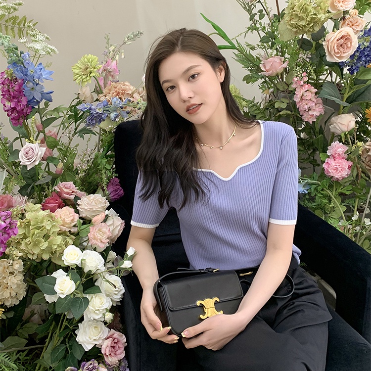 Áo Dệt Kim Ngắn Tay Cổ Vuông Màu Sắc Tương Phản Thời Trang