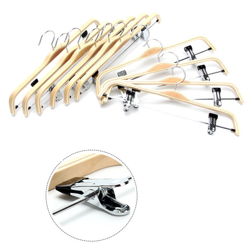 Set 10 Móc Treo Quần Áo Bằng Gỗ Trơn Kèm Kẹp Chống Rỉ Sét
