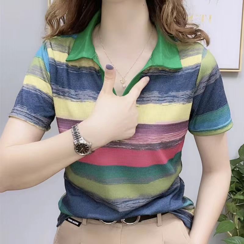 Áo Thun polo Ngắn Tay Họa Tiết Sọc Ngang Thời Trang Dành Cho Nữ