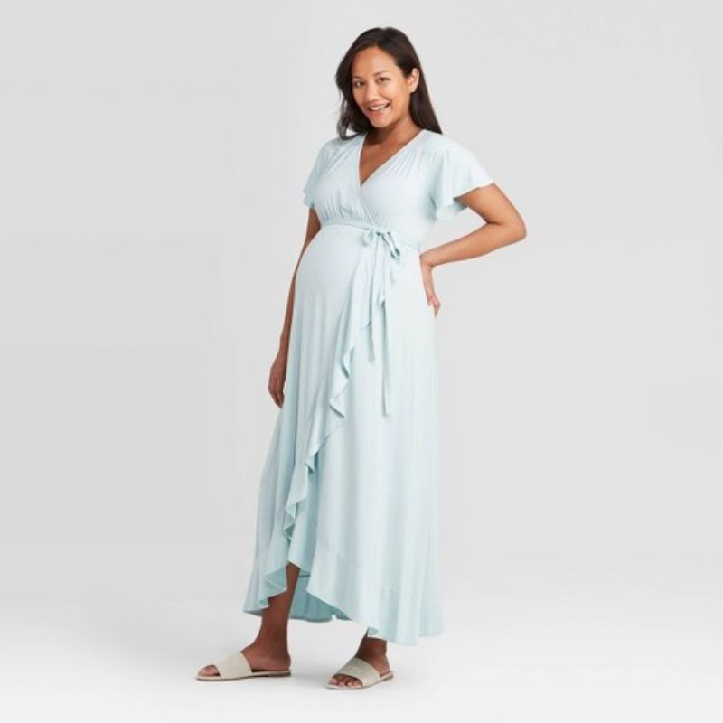 Đầm maxi xẻ tà đắp chéo VNXK dáng dài cổ V tay ngắn rũ bèo cánh tiên xuất khẩu dư xịn ruffle wrap maxi dress babydoll