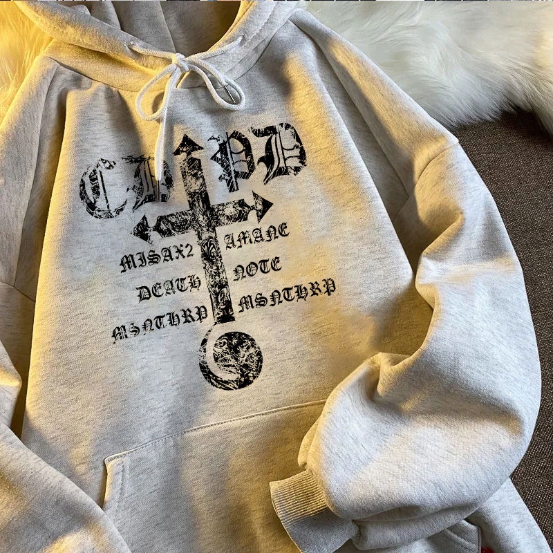Áo hoodie oversize dài tay họa tiết thánh giá và chữ phong cách Death Note gothic thời trang đường phố