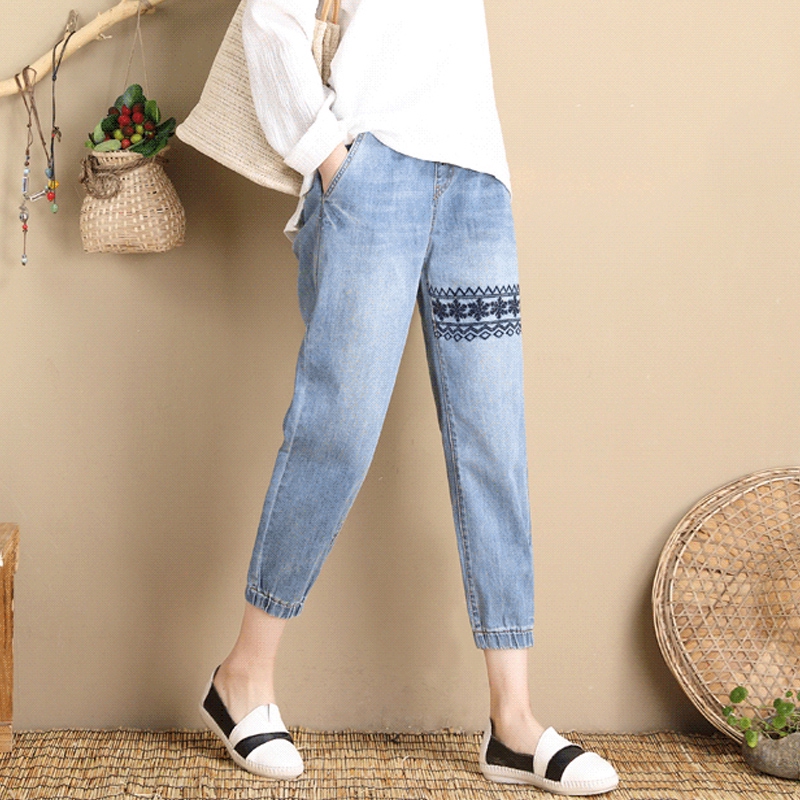 Quần Jeans Lửng Ống Rộng Lưng Thun Co Giãn Màu Sắc Nhẹ Nhàng Phong Cách Hàn Quốc Cho Nữ