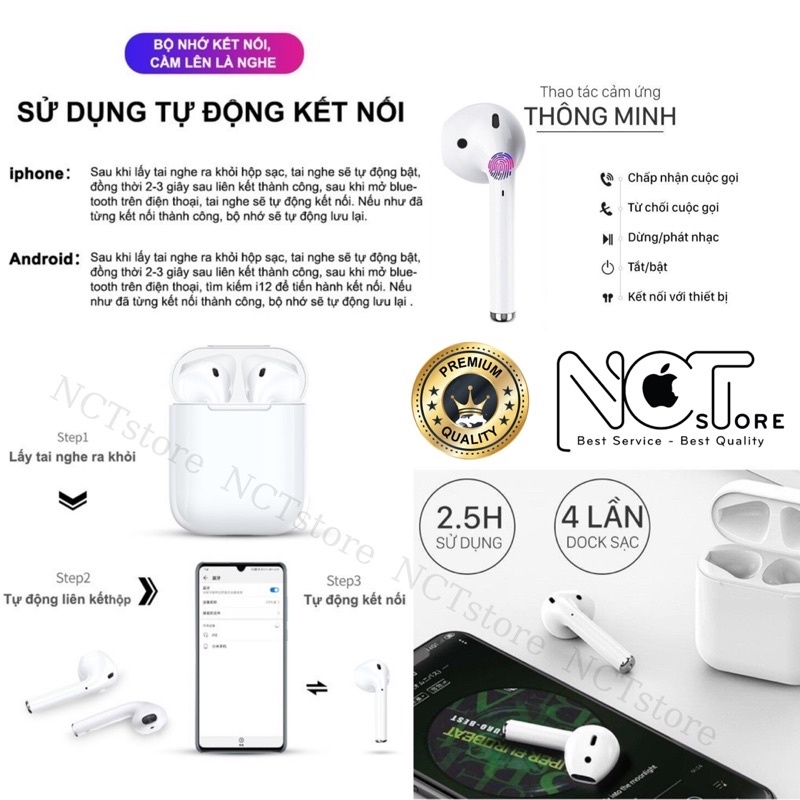 Tai nghe Bluetooth i12 TWS 5.0 bản PREMIUM âm thanh chuẩn HiFi | ĐỔI TÊN | Dùng cho SmartPhone/Laptop | Bảo Hành Đổi Mới