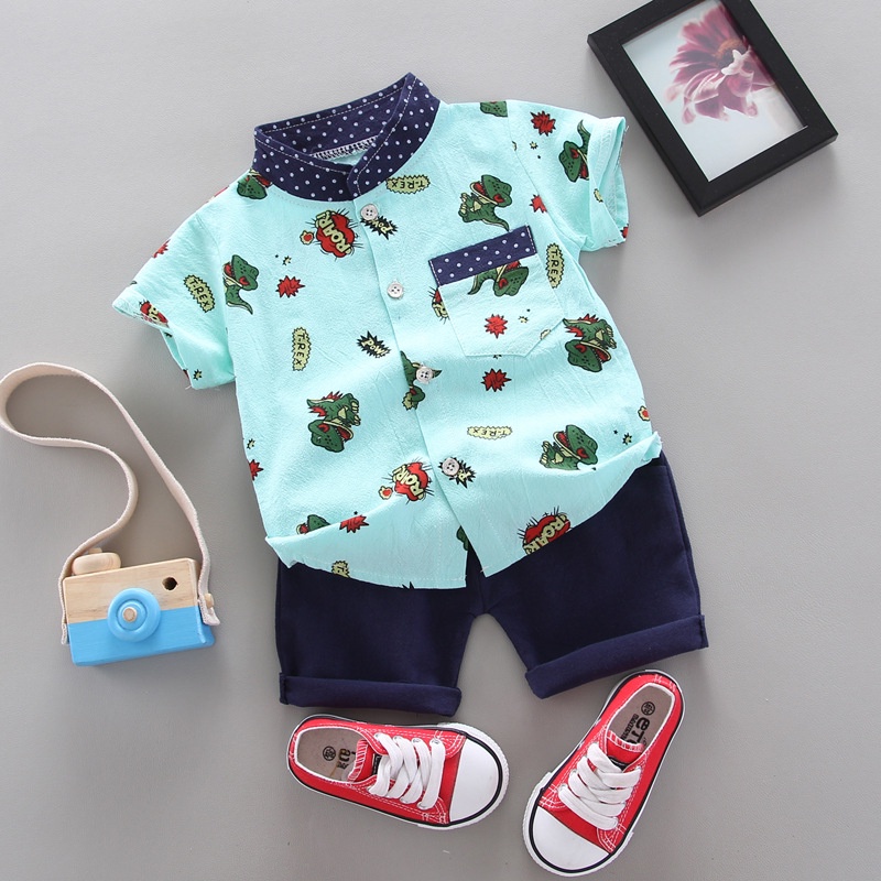Set đồ 2 mảnh gồm áo sơ mi tay ngắn in họa tiết hoạt hình + quần short thời trang cho bé trai